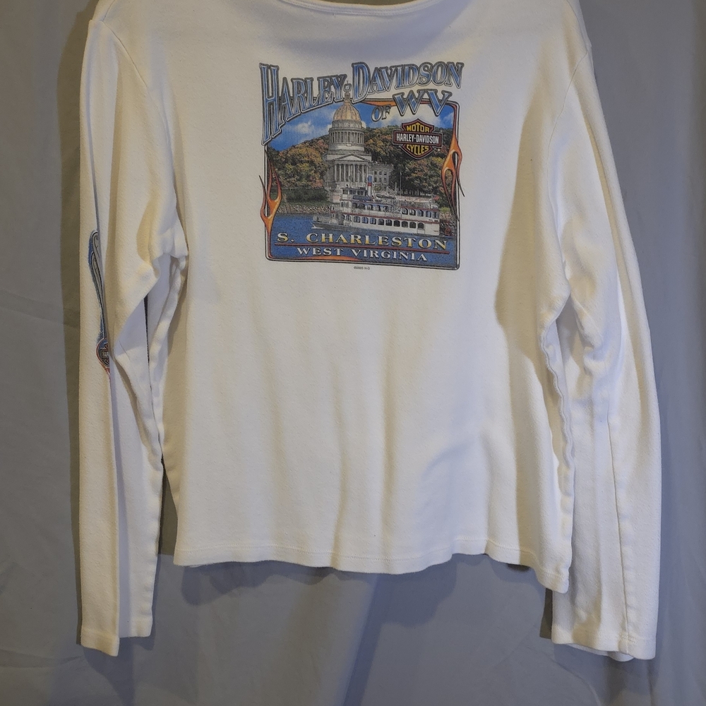 Harley-Davidson Women's White Long Sleeve Tee with Red and Blue Accents - Picture 2 of 4